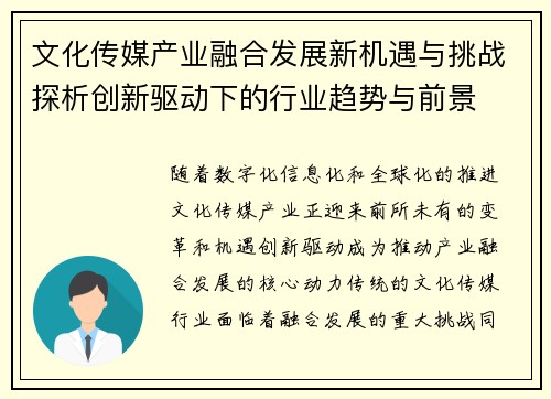 文化传媒产业融合发展新机遇与挑战探析创新驱动下的行业趋势与前景